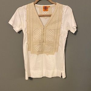 Tory Burch XS White and Tan Embroidered T Shirt